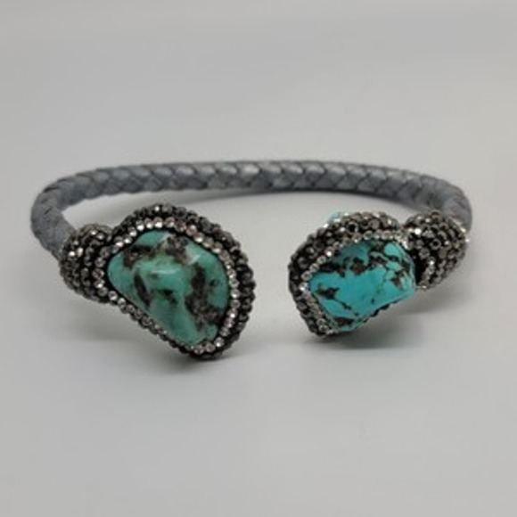 Turquoise & Round Crystal Woven Silver Cord Cuff - Picture 3 of 10
